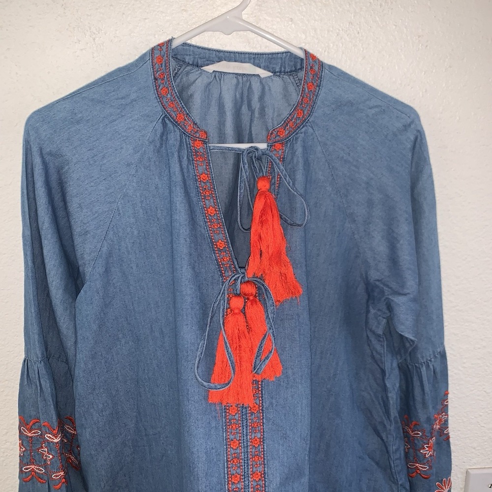 Women Embroidered Tunic Top Orange Tassel Boho Peasant‎ Long Sleeve - Picture 3 of 8